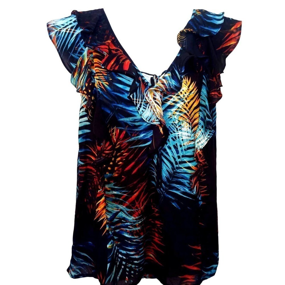 NWT Worthington Women Size S Multicolor Palm Black Tropical Print Ruffle Top